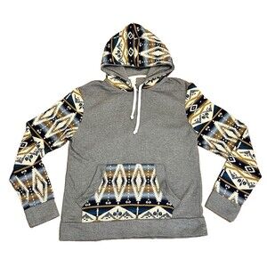DAKY NATIVE Gray Aztec Native Southwestern Wool Blend Pullover Hoodie Unisex L